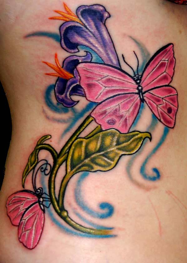 Lovely-Tulip-Flowers-And-Butterflies-Tattoos-On-Rib-1