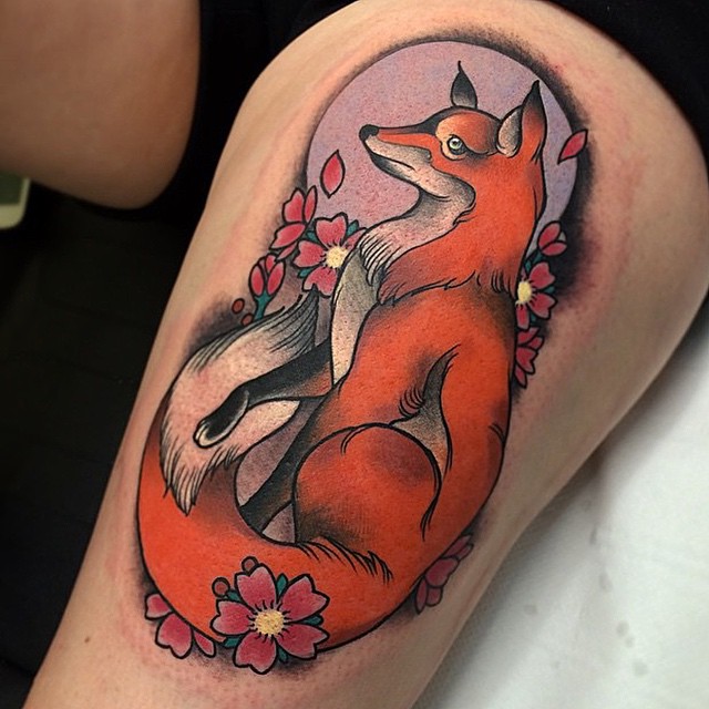 Neo-Traditional-Fox-Tattoo-on-Thigh-by-Jason-james-Smith